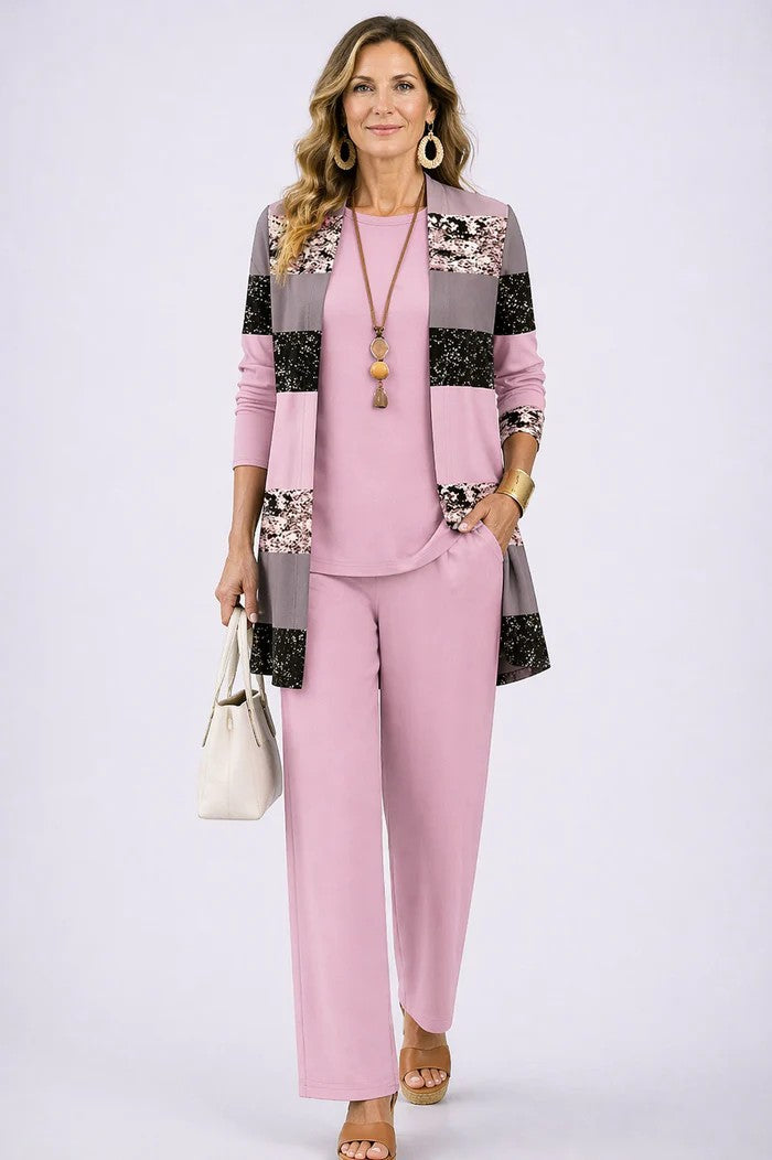 Giota | Three Piece Printed Cardigan Pant Set