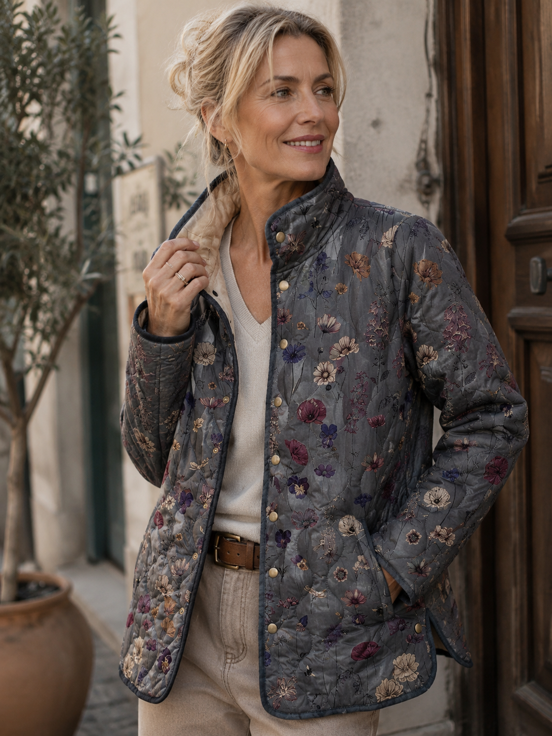 Florelicia | Quilted Floral Print Coat with Buttons