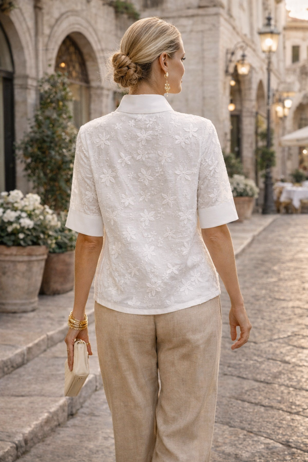 Minulya | Floral Embroidered Blouse Short Sleeve High Neck