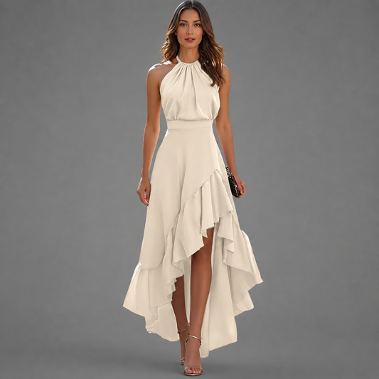 Benetou | Halter Neck High Low Ruffle Maxi Dress