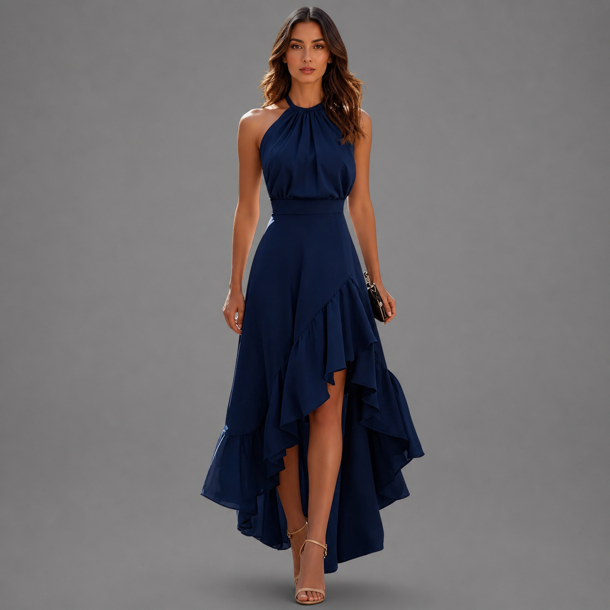 Benetou | Halter Neck High Low Ruffle Maxi Dress