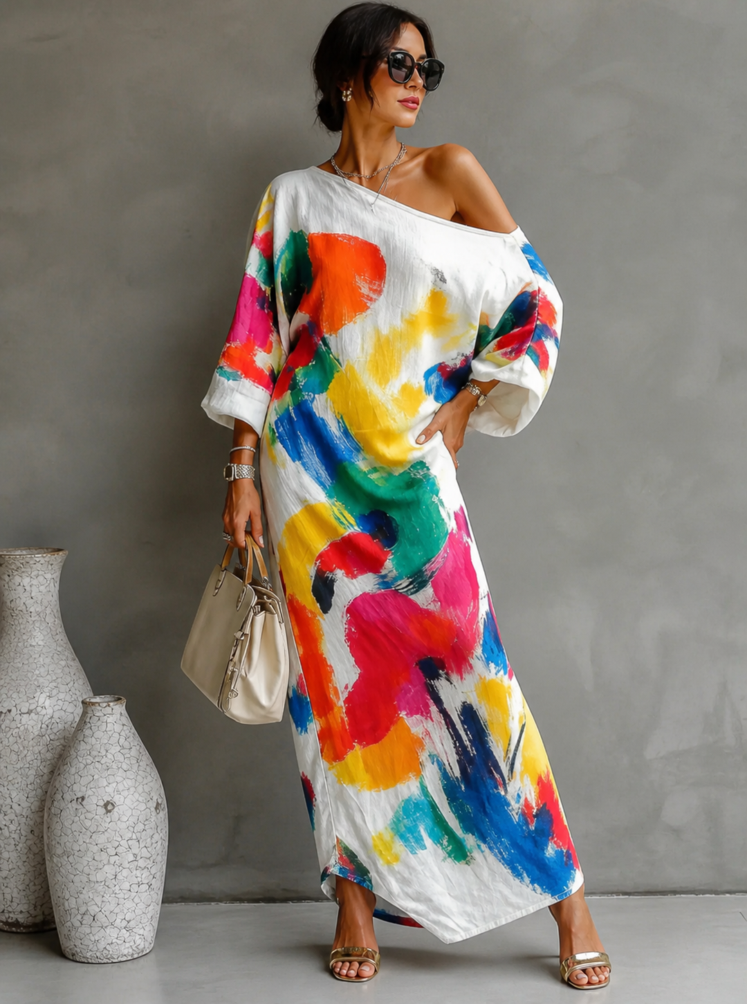Lorrainen | One Shoulder Abstract Print Maxi Dress