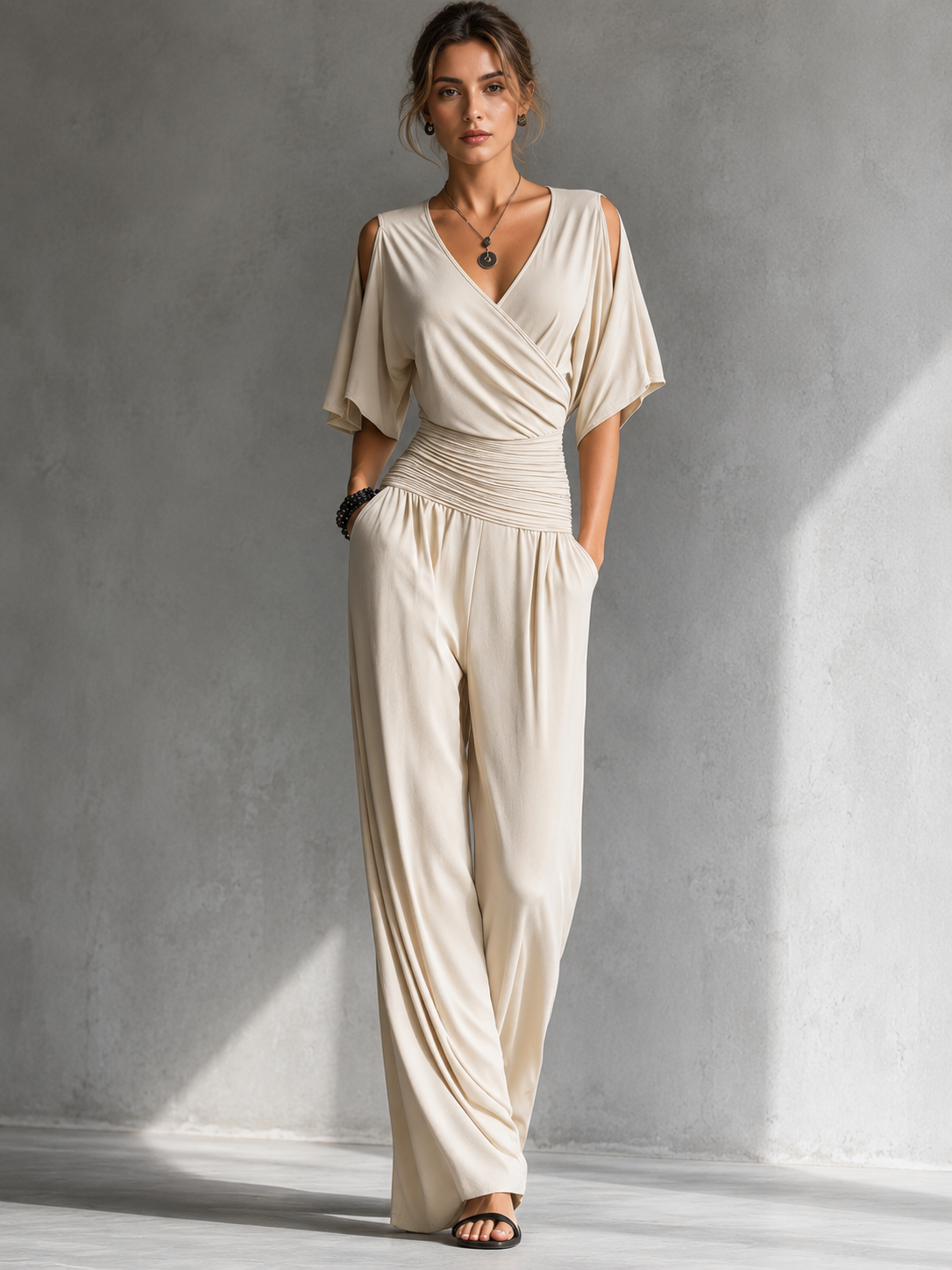 Greene | Jumpsuit Wrap Front Cold Shoulder Wide Leg
