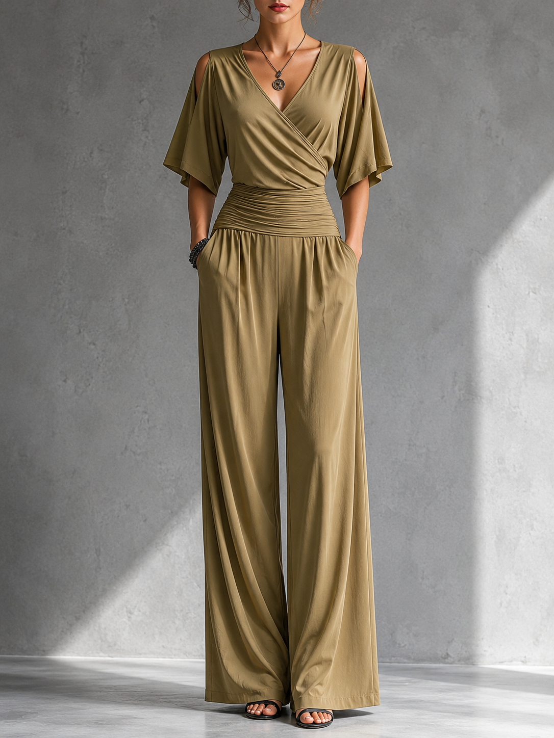 Greene | Jumpsuit Wrap Front Cold Shoulder Wide Leg