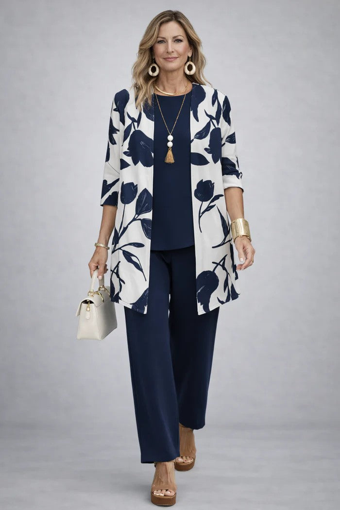 Giota | Three Piece Printed Cardigan Pant Set