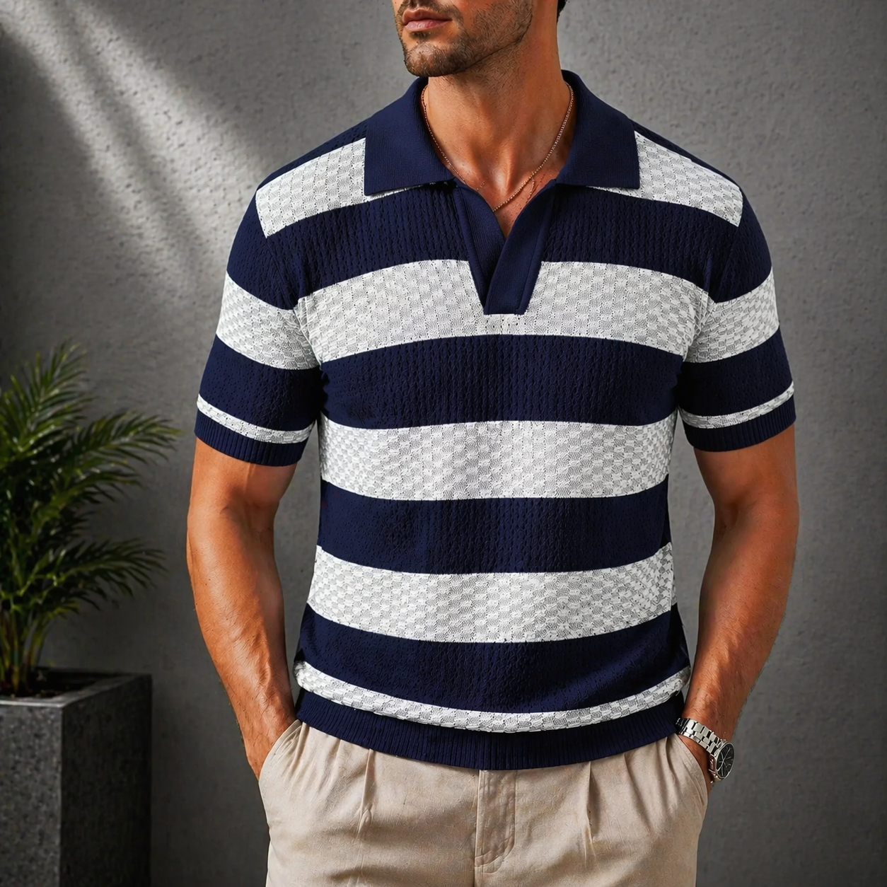 Leunard | Striped Knit Short Sleeve Polo Shirt