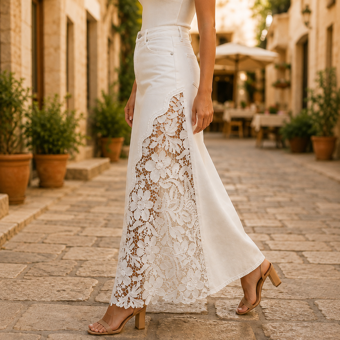 Quenurana | Lace Denim Maxi Skirt in Dark Blue