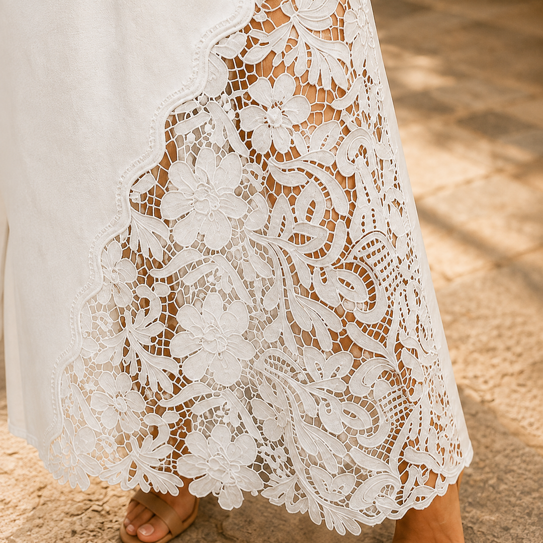 Quenurana | Lace Denim Maxi Skirt in Dark Blue