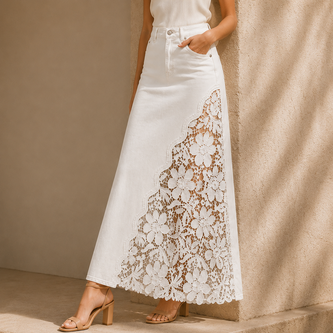 Quenurana | Lace Denim Maxi Skirt in Dark Blue