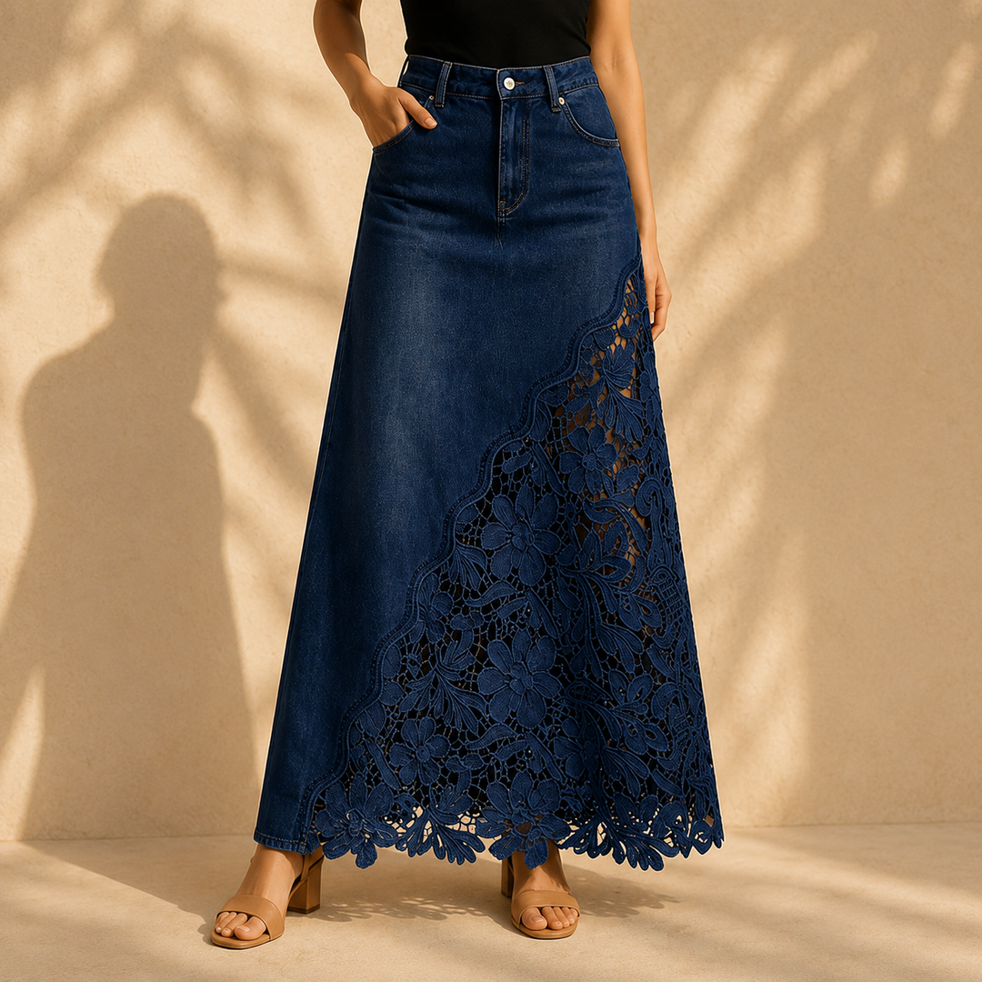 Quenurana | Lace Denim Maxi Skirt in Dark Blue