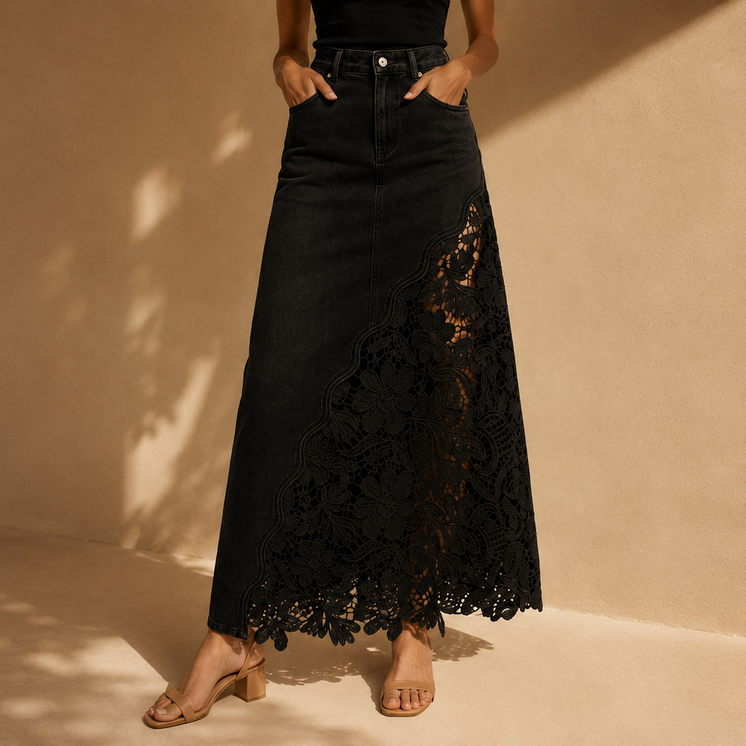 Quenurana | Lace Denim Maxi Skirt in Dark Blue