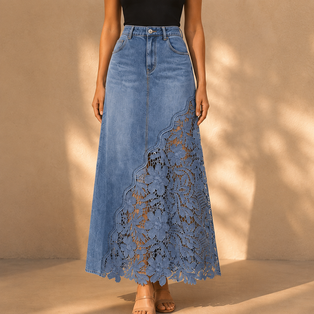 Quenurana | Lace Denim Maxi Skirt in Dark Blue