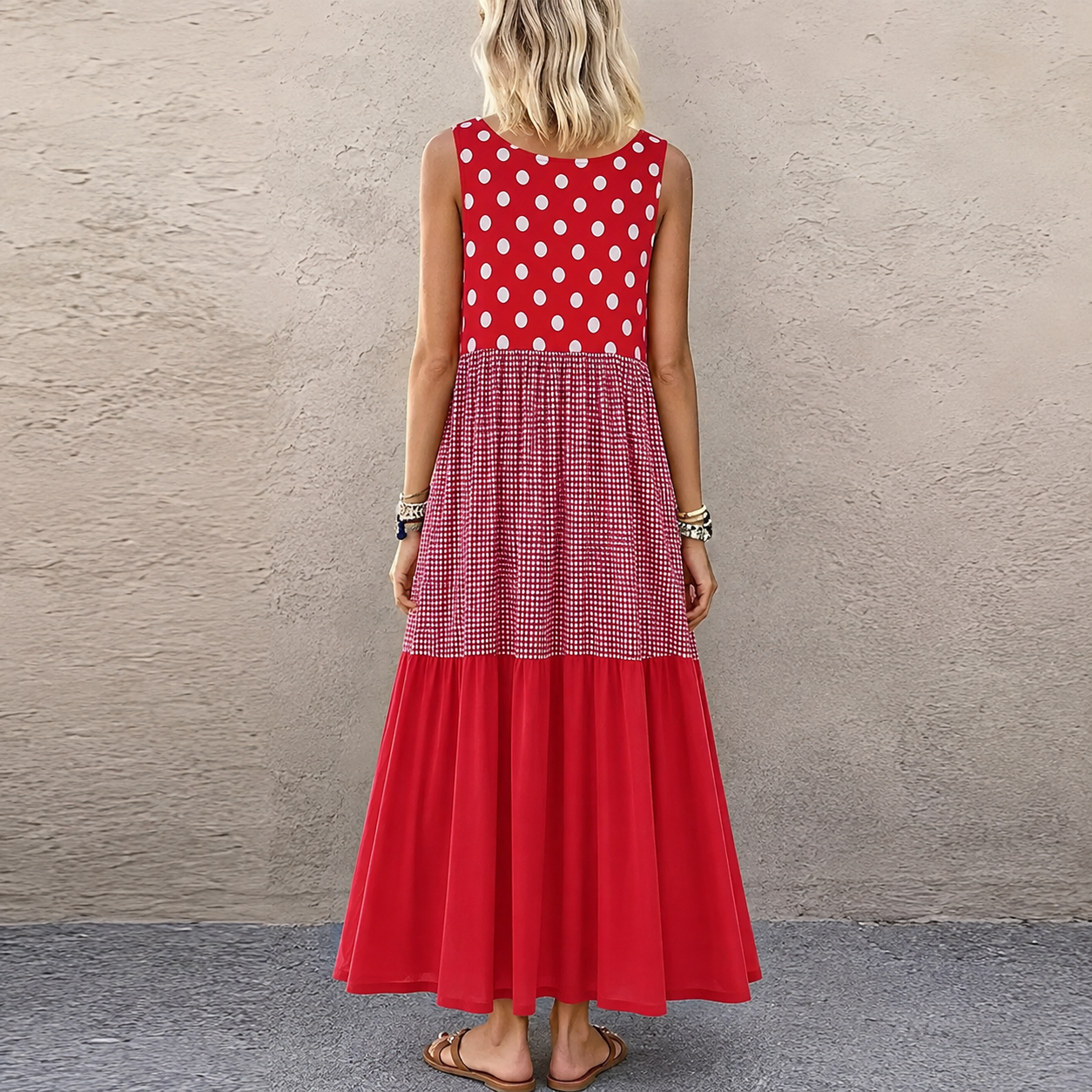 Seraisa | Sleeveless Patchwork Dress with Polka Dots