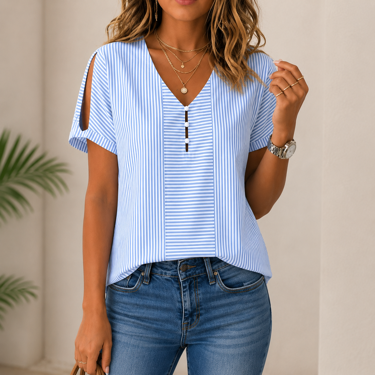 Shirri | Striped V-Neck Short Sleeve Blouse