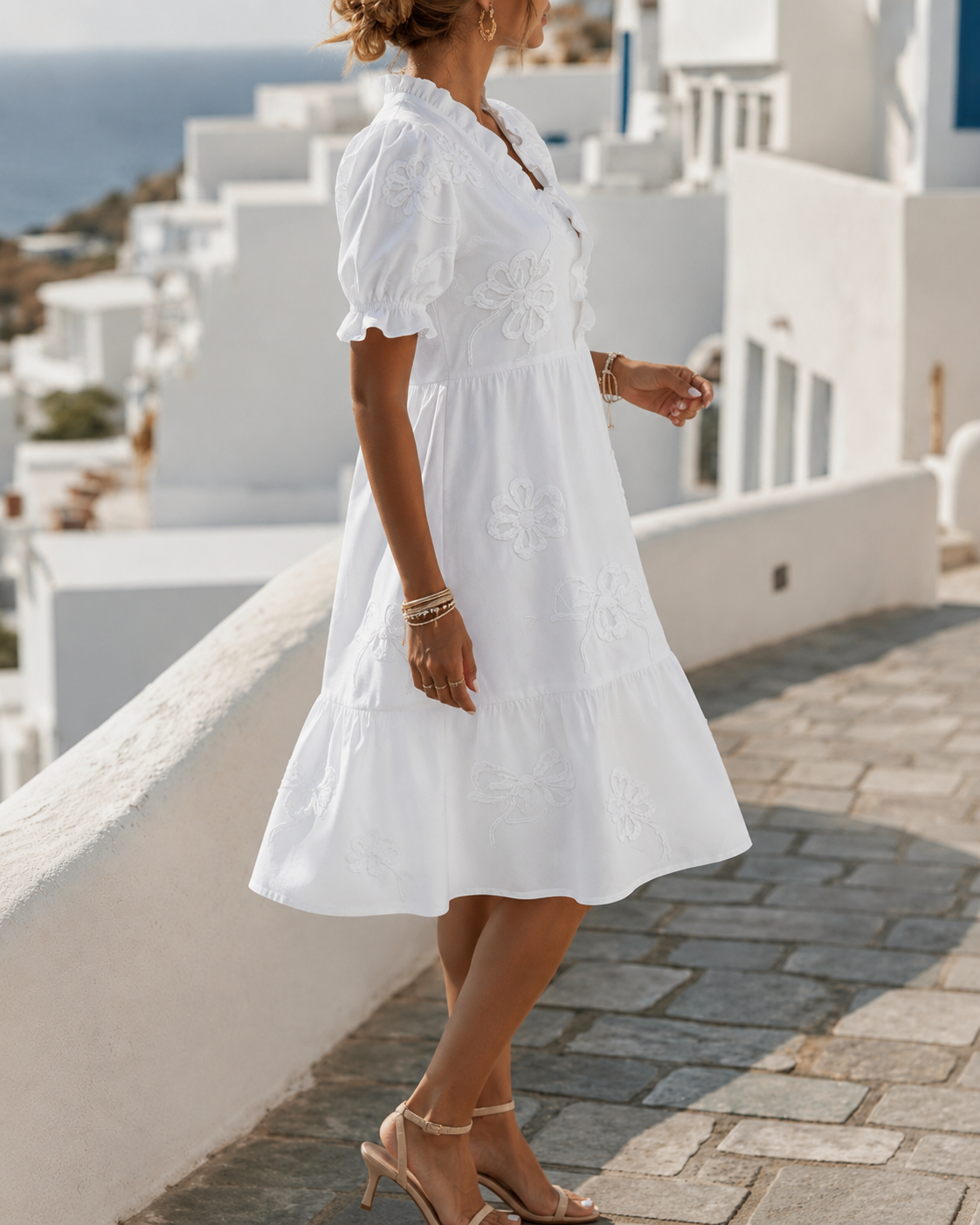 Nija | Dress with V-Neck Ruffles and Floral Embroidery