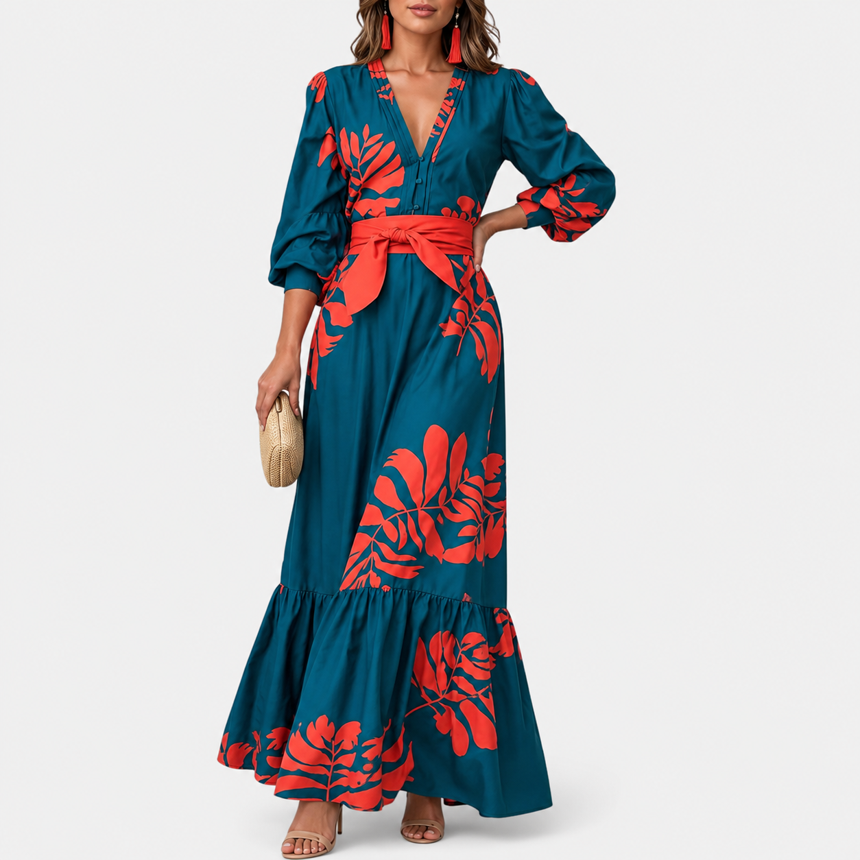 Hacire | Maxi Dress Teal Floral V-Neck Belted