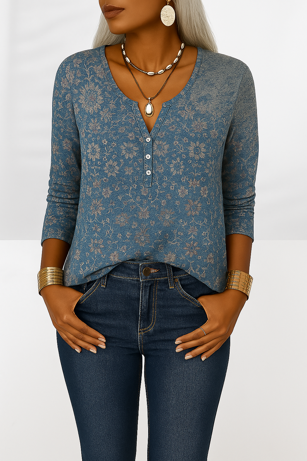Flossie | Floral Print Henley Long Sleeve Top