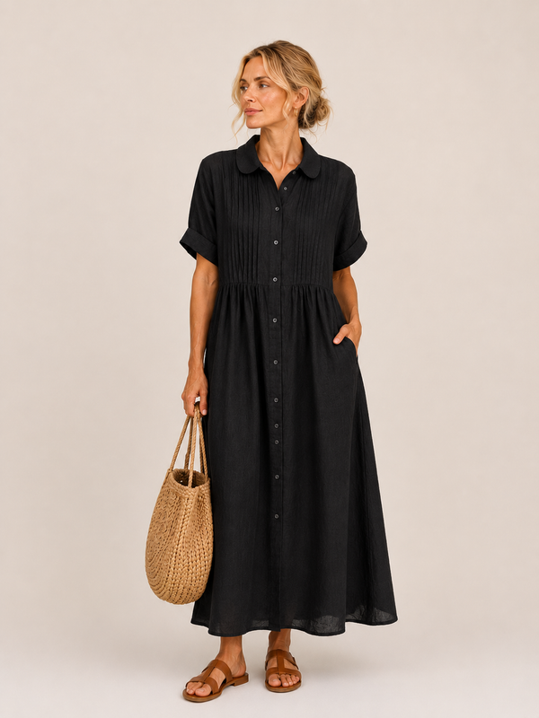 Anjali | Shirt Midi Dress Short Sleeve Button Front