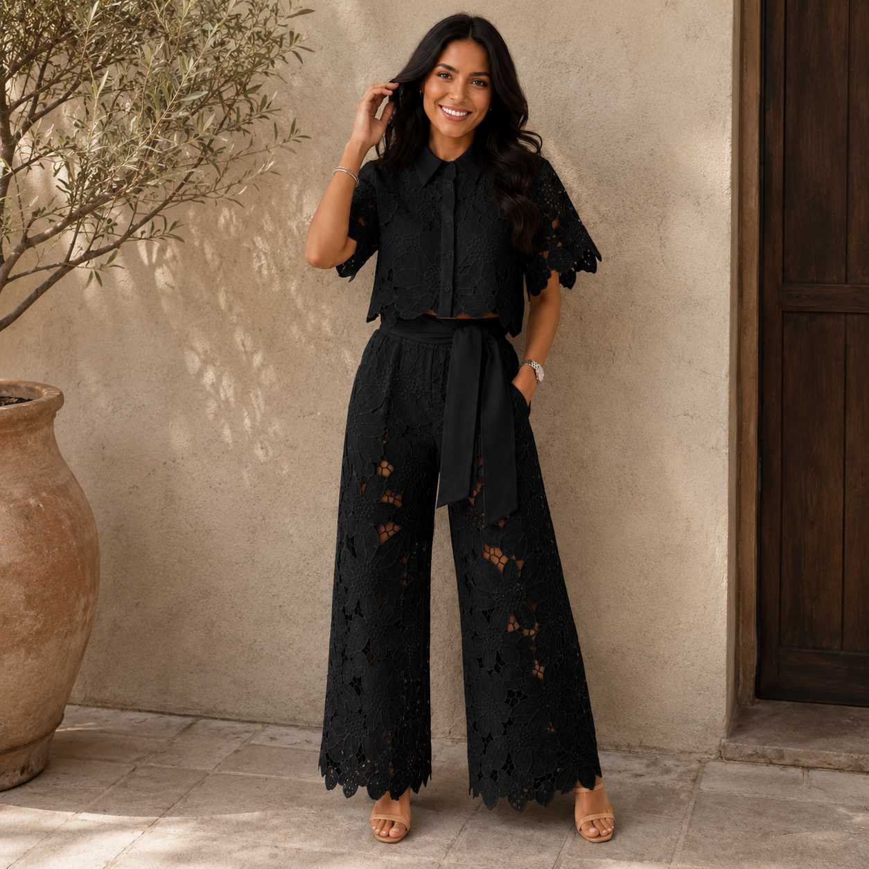Anni | Lace Crop Shirt Wide Leg Trouser Set