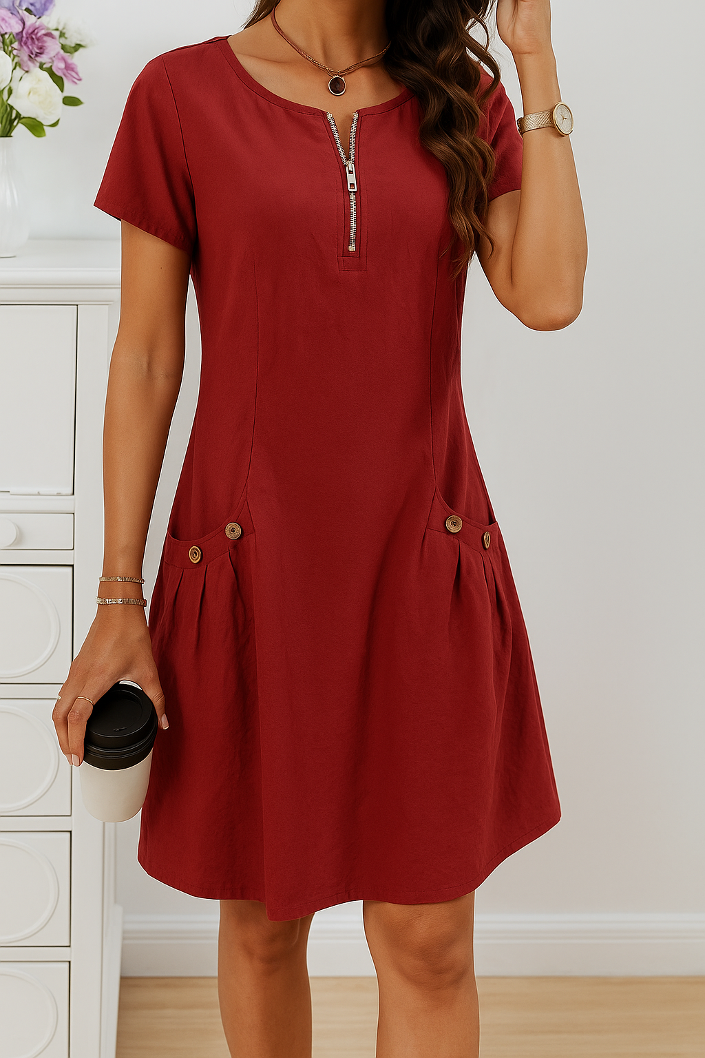 Rudina | Short Sleeve Zip Front Pocket Dress
