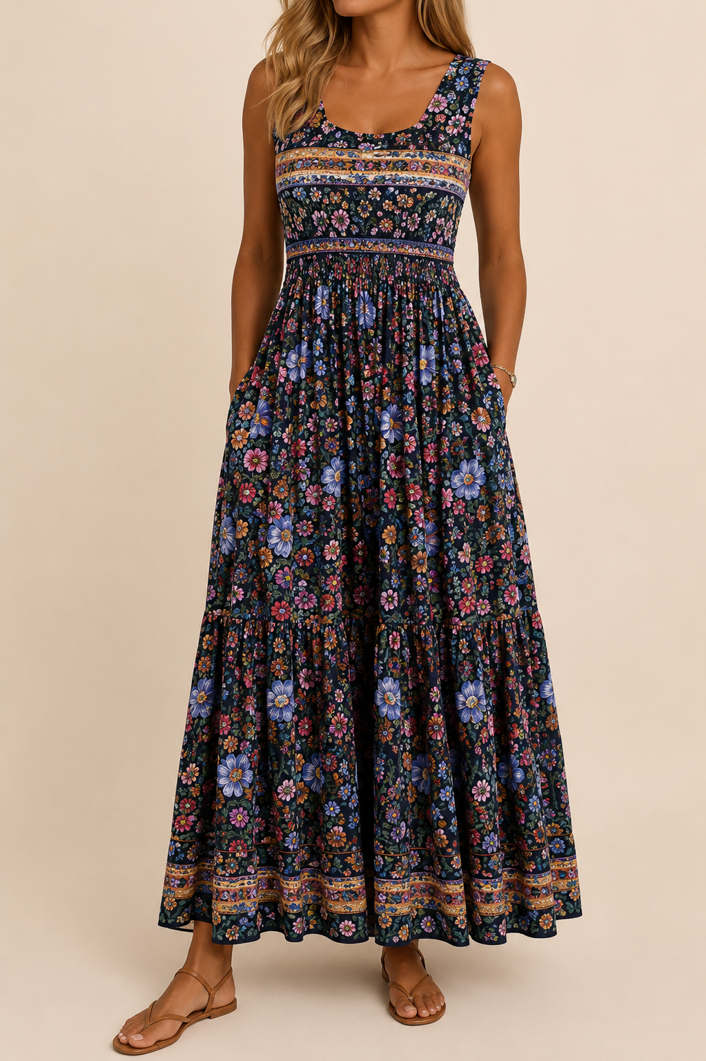 Raqual | Floral Print Sleeveless Maxi Dress Pockets