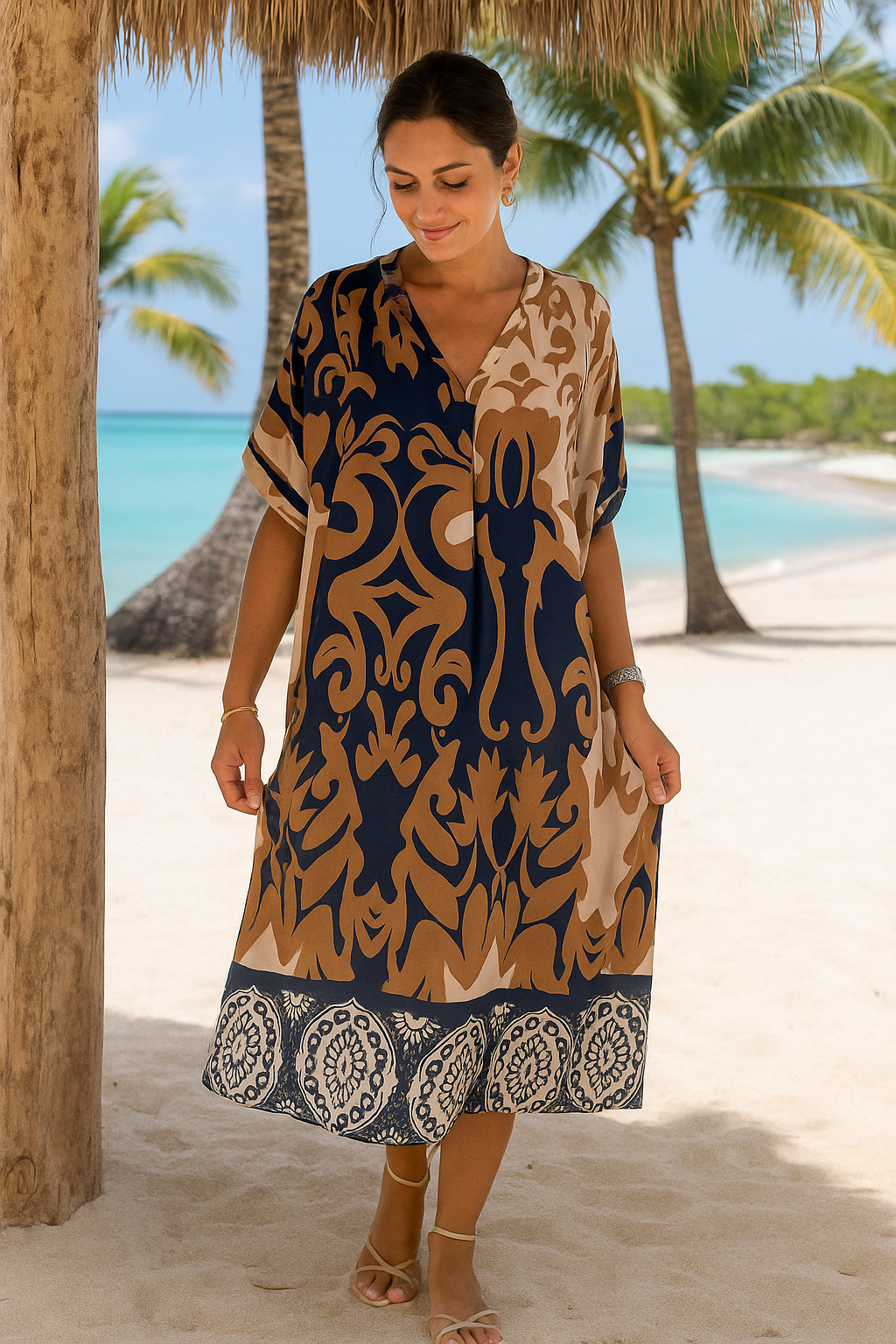 Rilana | Printed V Neck Loose Midi Dress