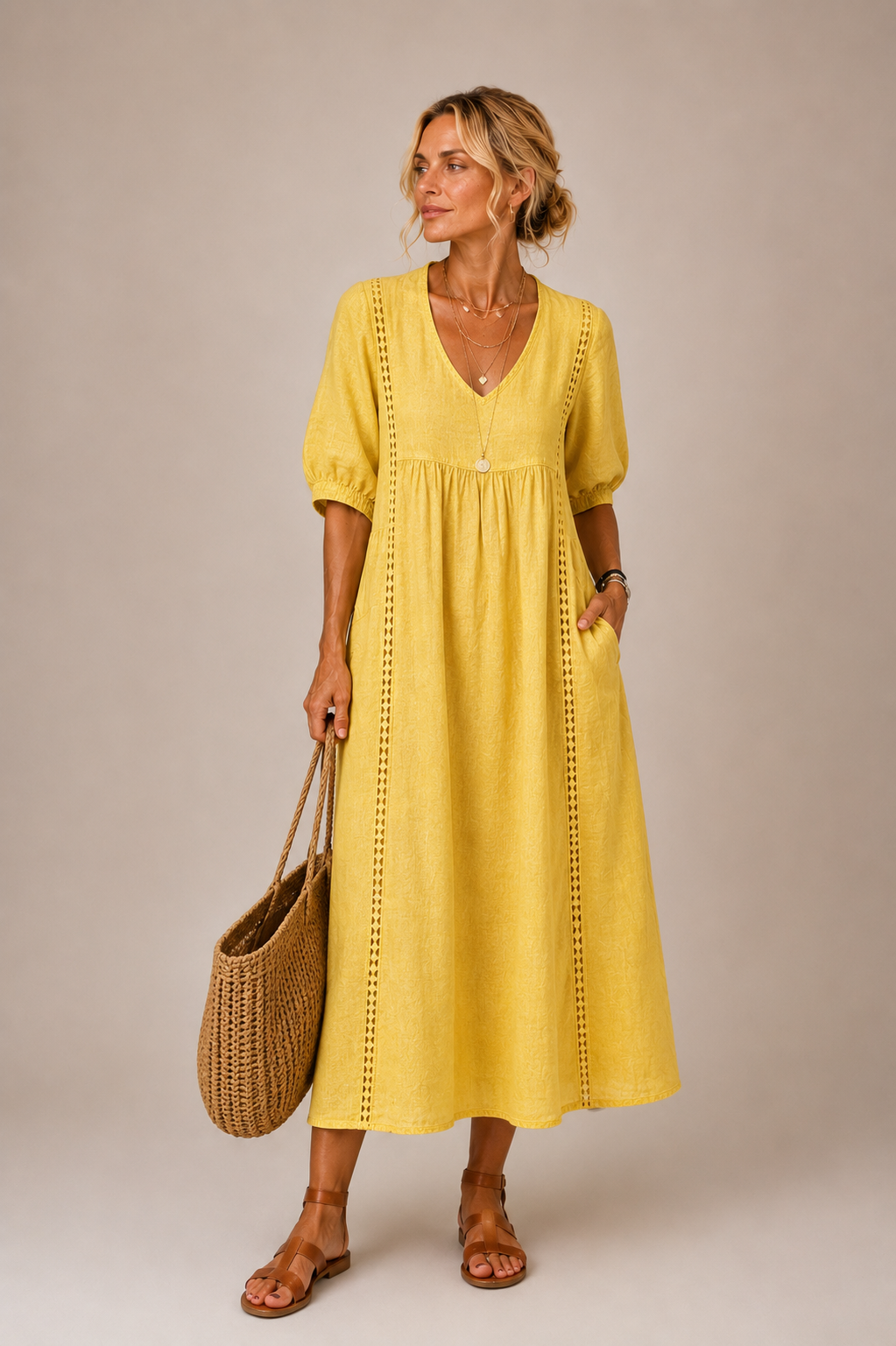 Keresa | V-Neck Puff Sleeve Midi Dress
