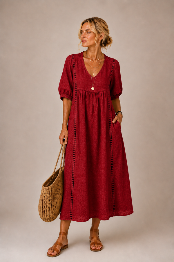 Keresa | V-Neck Puff Sleeve Midi Dress