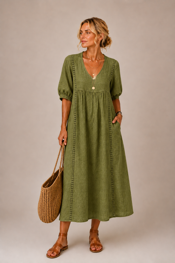 Keresa | V-Neck Puff Sleeve Midi Dress