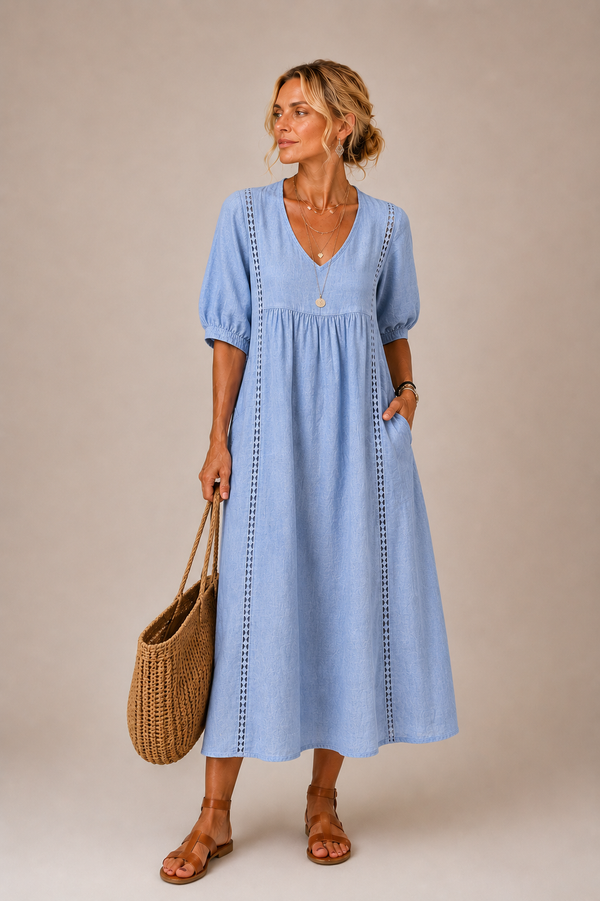 Keresa | V-Neck Puff Sleeve Midi Dress