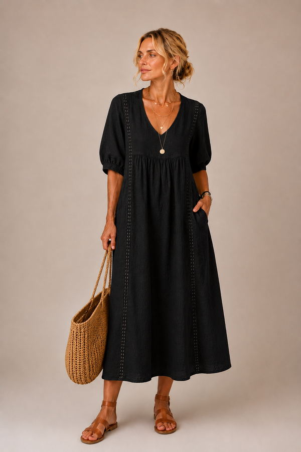 Keresa | V-Neck Puff Sleeve Midi Dress