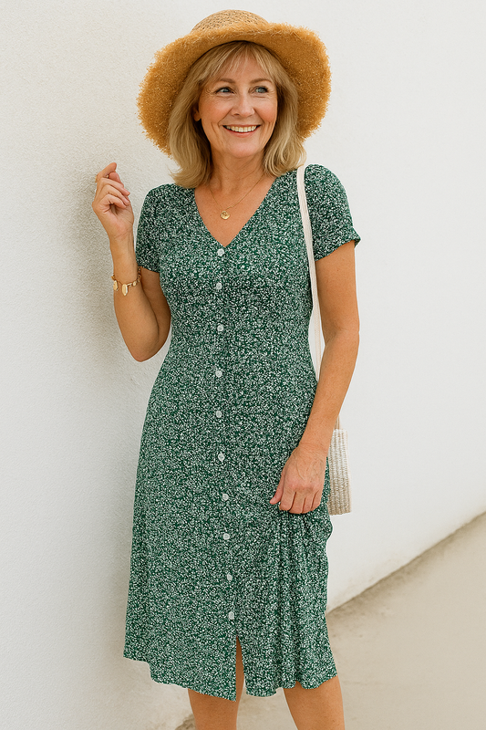 Rayella | Floral Button Front V Neck Midi Dress