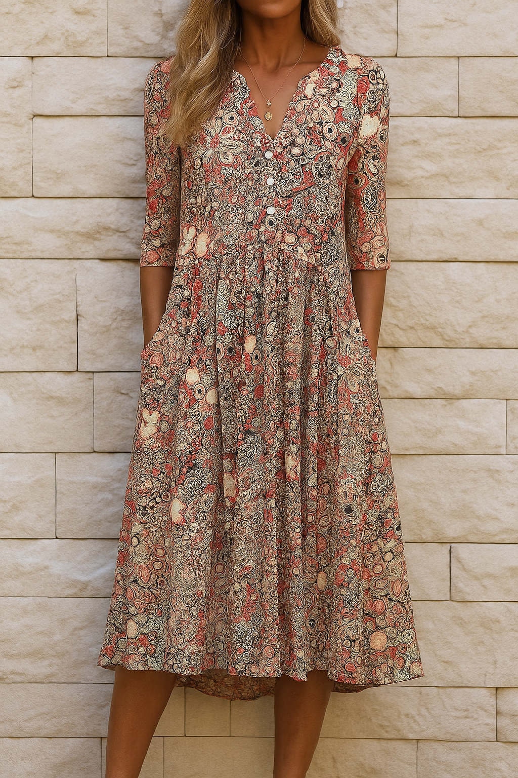 Eliskaa | Floral V Neck Midi Dress