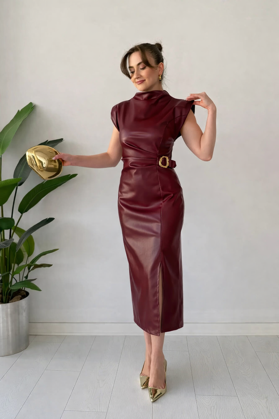 Claudine - Mock Neck Belted Midi Dress