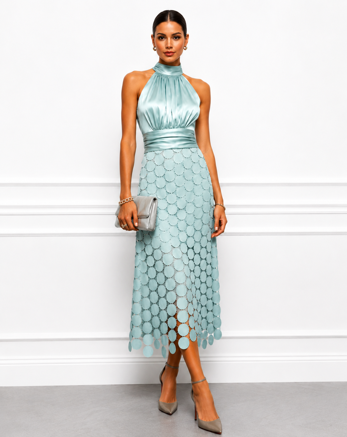 Rinldo | Halter Neck Midi Dress With Patterned Skirt