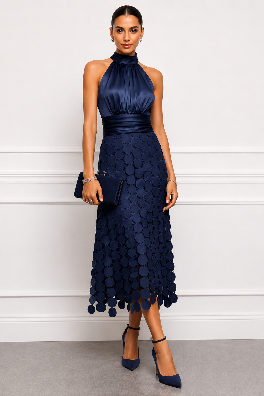 Rinldo | Halter Neck Midi Dress With Patterned Skirt