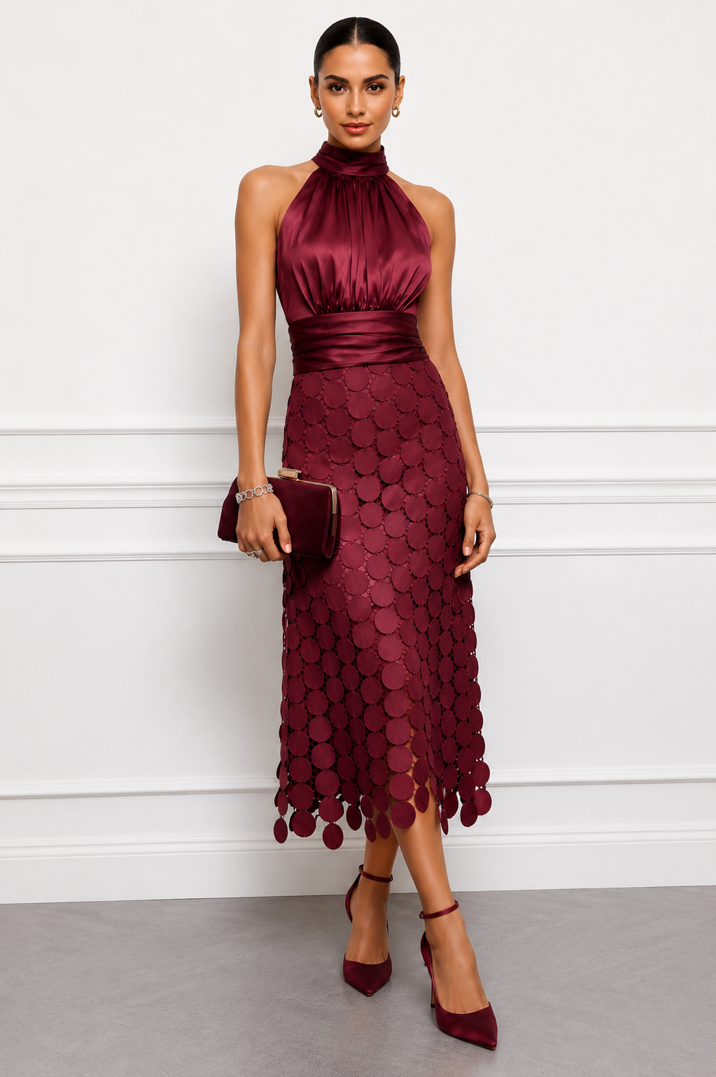 Rinldo | Halter Neck Midi Dress With Patterned Skirt