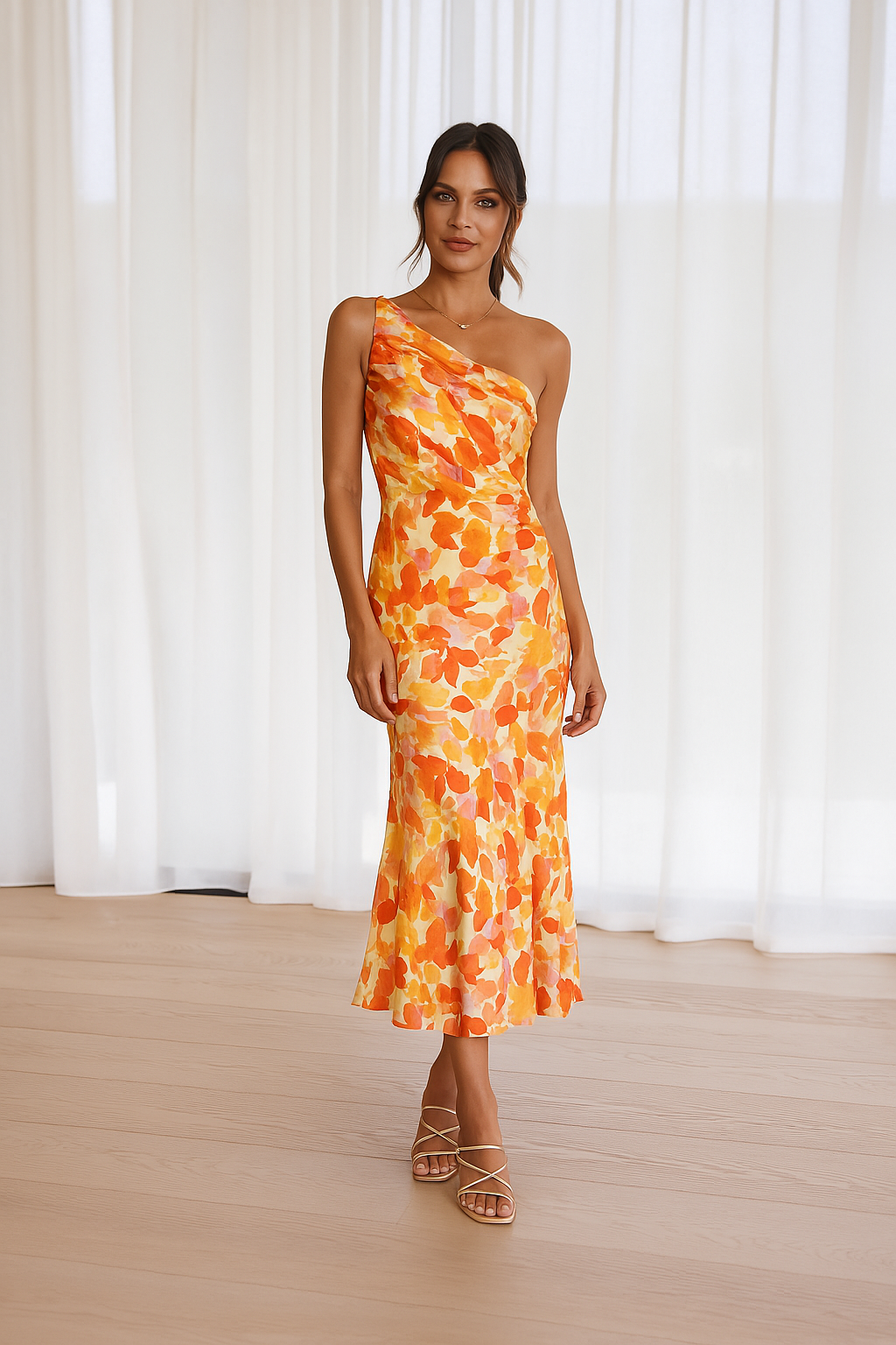 Cynthia | Floral Satin One Shoulder Midi Dress