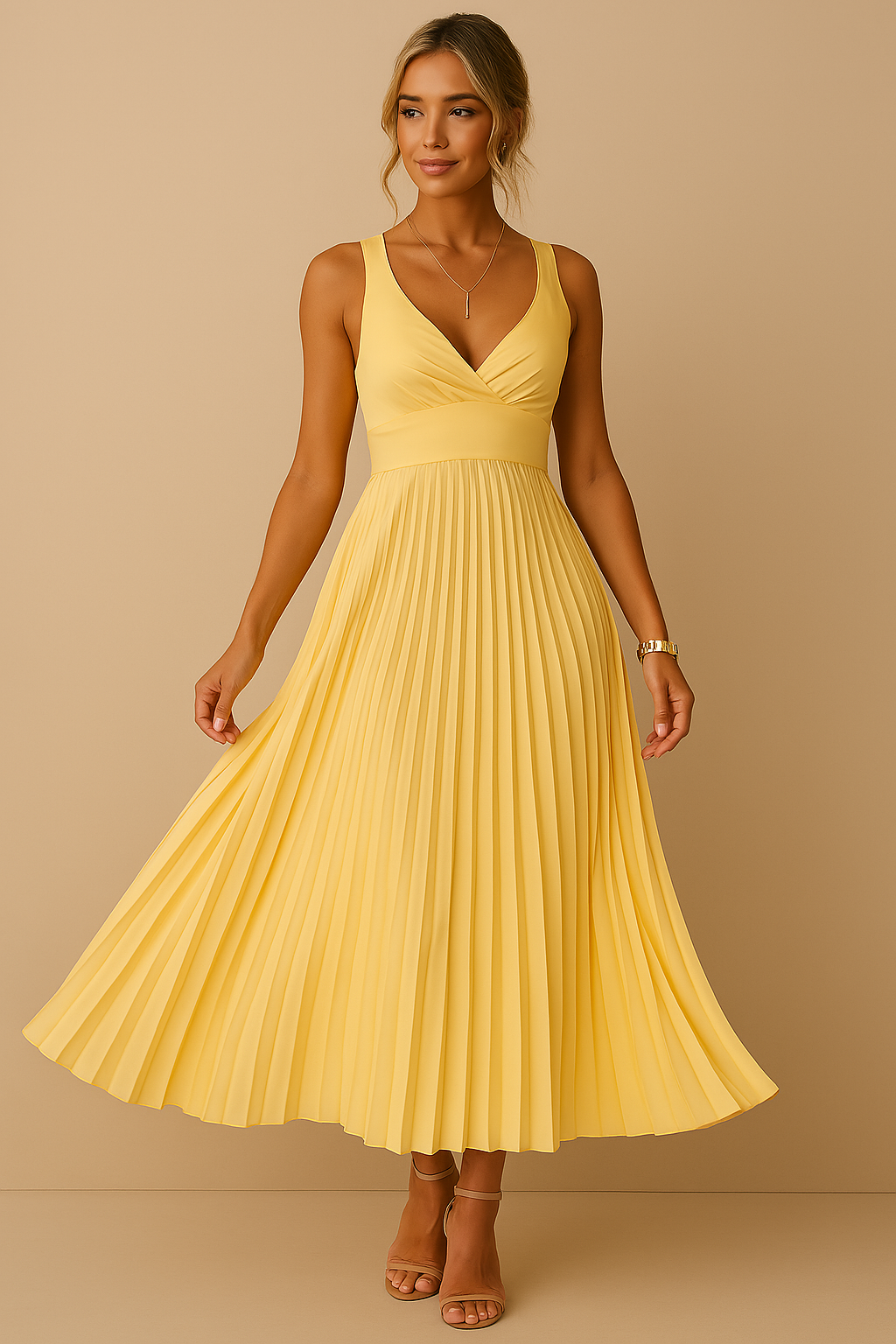 Tuuliki | Sleeveless Pleated V Neck Midi Dress