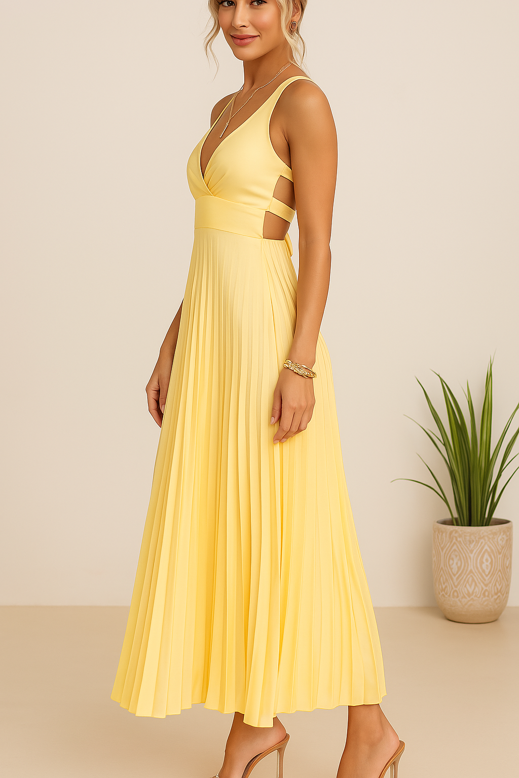 Tuuliki | Sleeveless Pleated V Neck Midi Dress