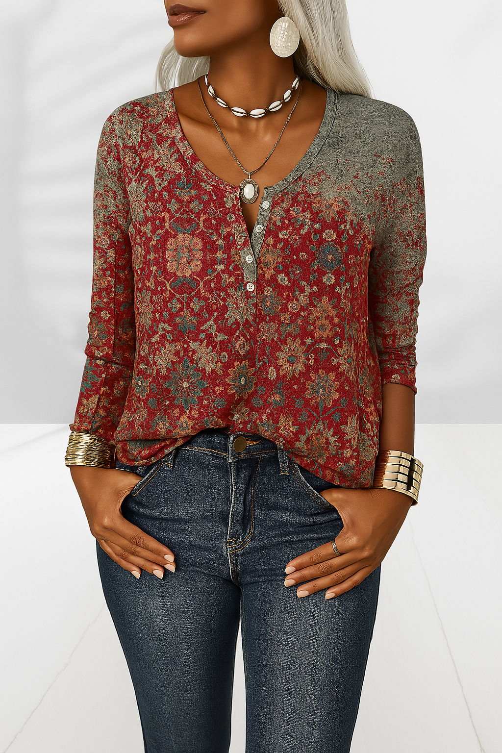 Flossie | Floral Print Henley Long Sleeve Top