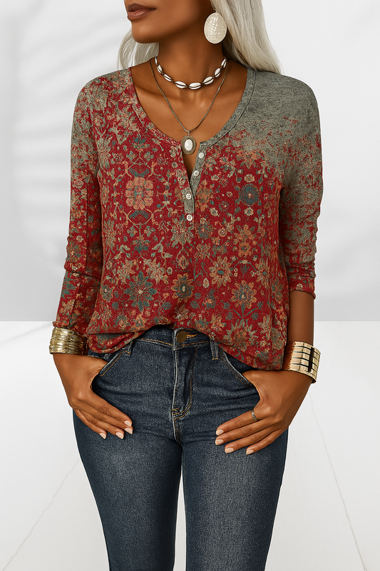 Flossie | Floral Print Henley Long Sleeve Top