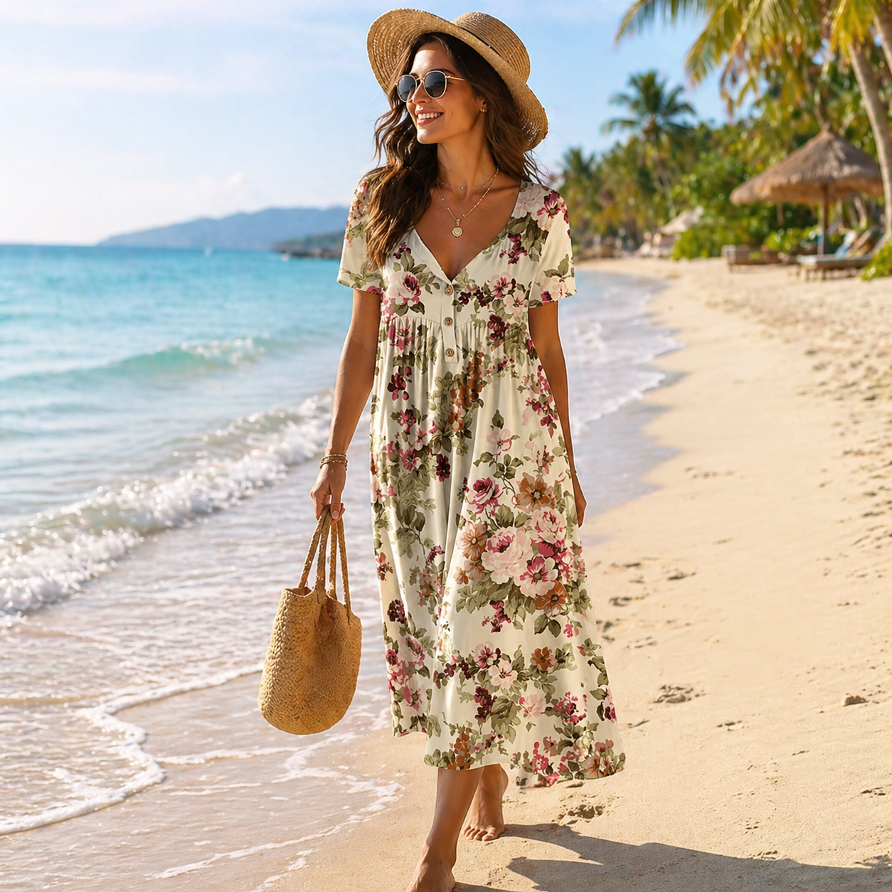 Aliyeen | Floral V Neck Short Sleeve Midi Dress