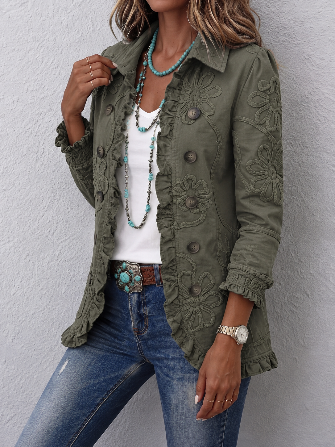 Loviita | Floral Embroidered Button-Front Ruffle Hem Jacket
