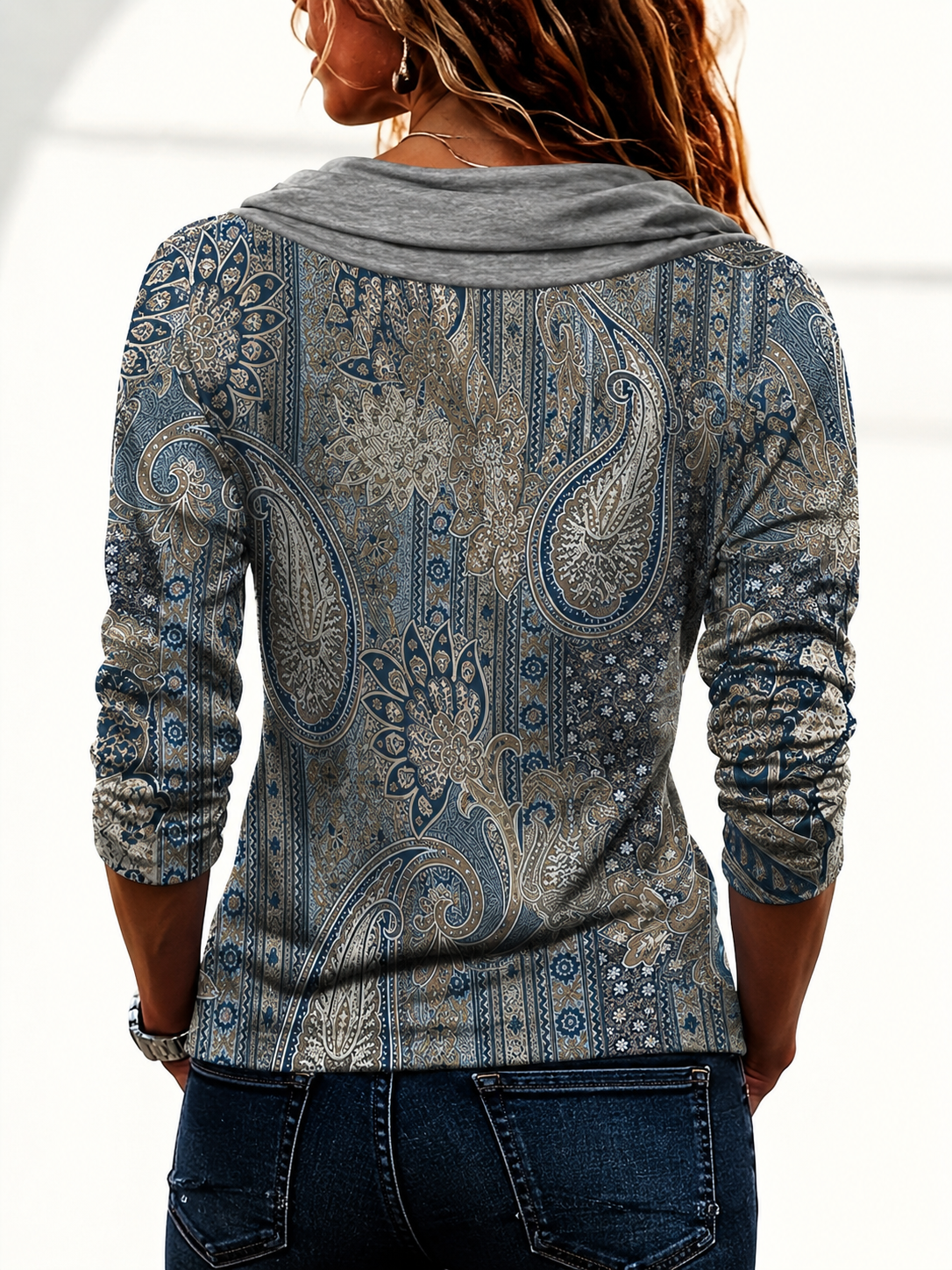 Vespora | Paisley Print Cowl Neck Top with Buttons