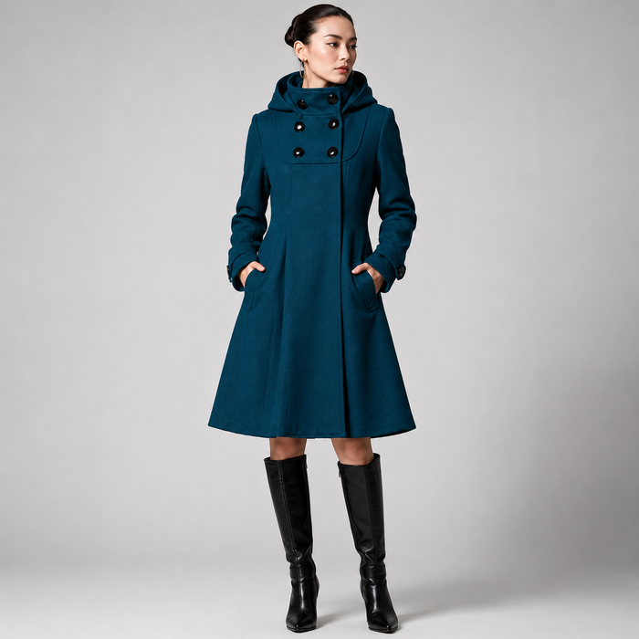 Maveosys | Hooded Double-Breasted Coat in Black