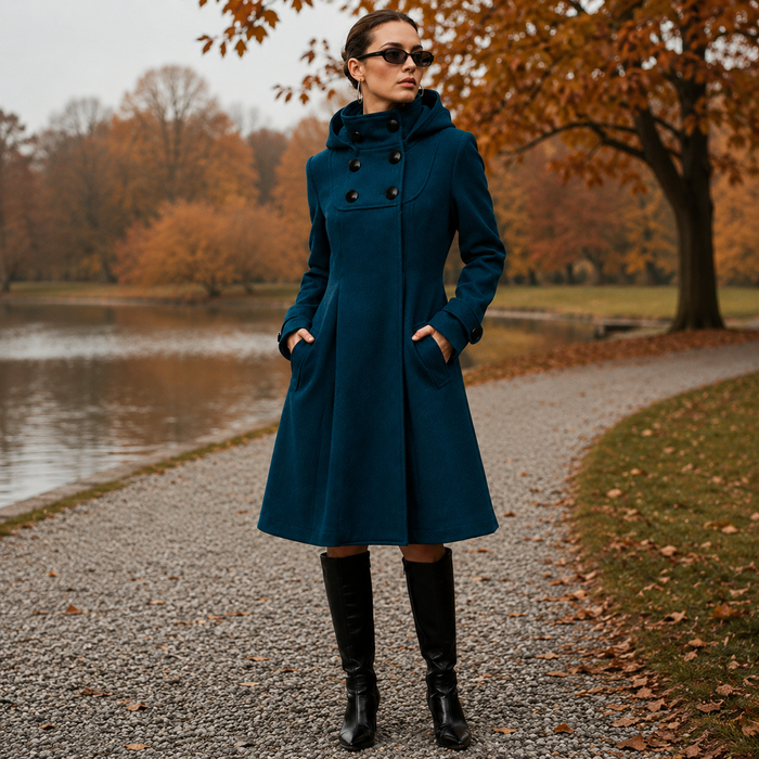 Maveosys | Hooded Double-Breasted Coat in Black