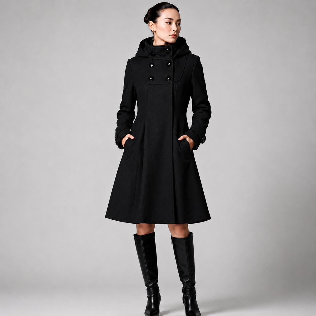 Maveosys | Hooded Double-Breasted Coat in Black