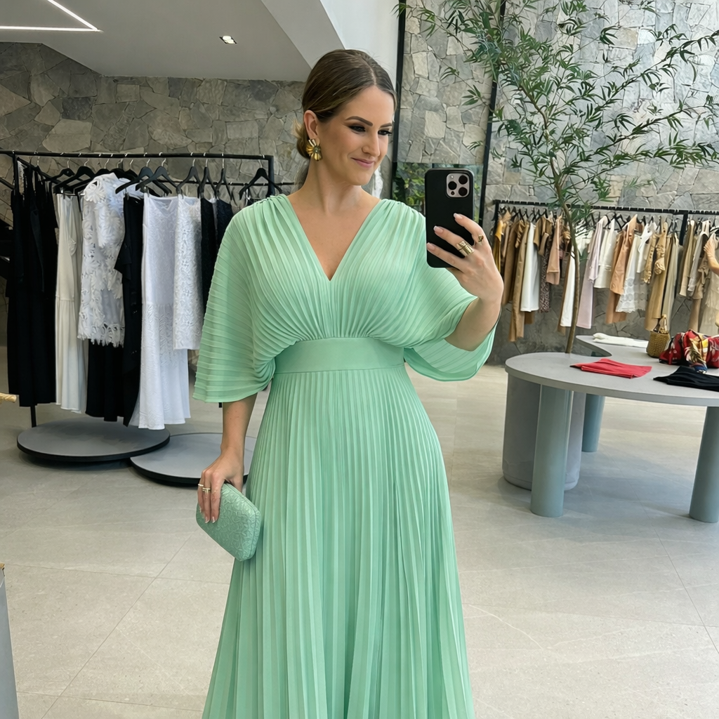 Valerija - Pleated V Neck Maxi Dress Short Sleeve