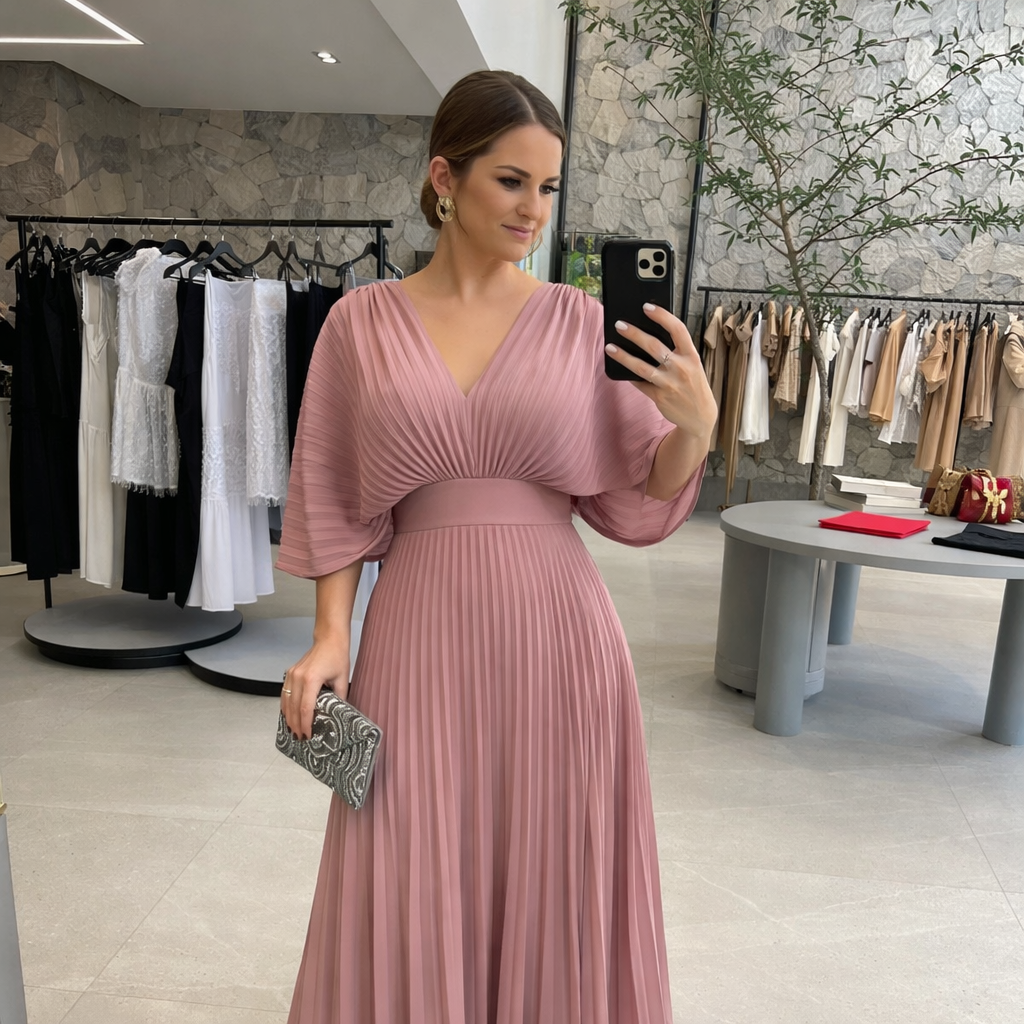 Valerija - Pleated V Neck Maxi Dress Short Sleeve